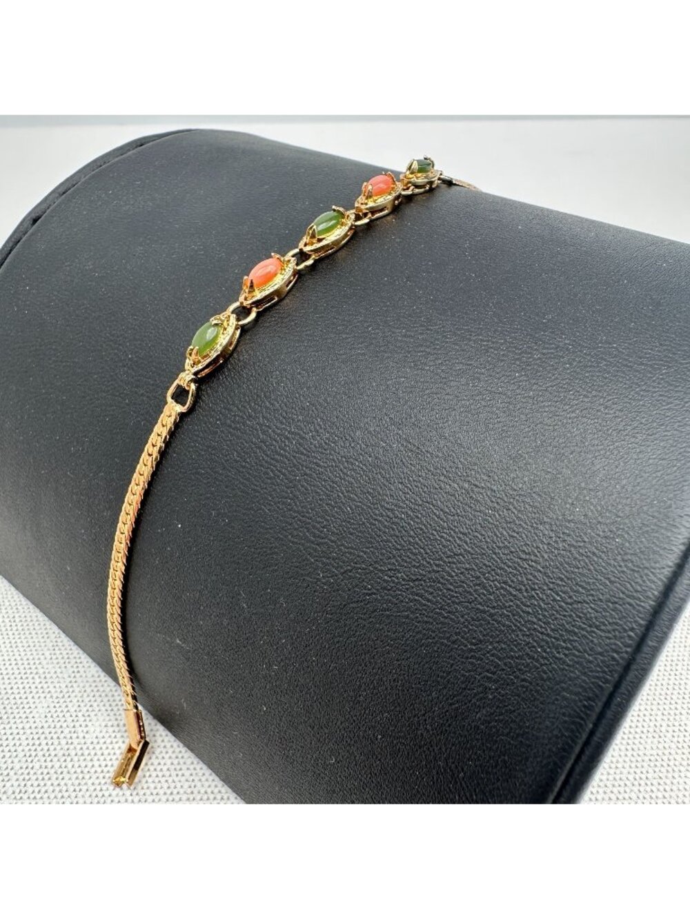 Vintage Nephrite Jade and Coral Glass Bead Bracelet Natural Stone Boho Jewelry